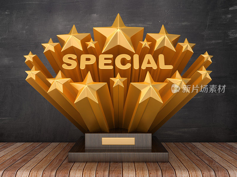 金色的星星与特别的字在奖杯-黑板背景- 3D渲染